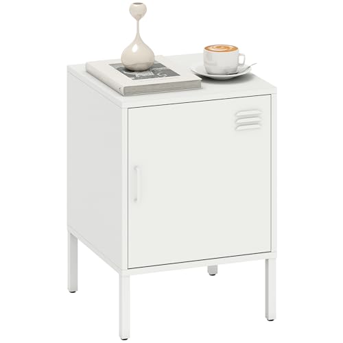 HOMCOM Nachttisch, Stahl Beistelltisch mit Verstellbarer Ablage, magnetischem Türverschluss, Stahlrahmen, industrialer Nachtschrank für Schlafzimmer, Wohnzimmer, Weiß, 40 x 40 x 56 cm
