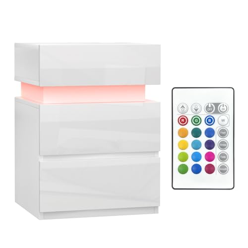 Lvhecforhm Nachttisch mit LED, Einstellbare Farben, Modern Weiß Nachttisch Beistelltisch mit 3 Schubladen, Nachtschrank Hochglanz Front, Smart Nachtkommode für Boxspringbett für Wohnzimmer 40x35x55cm