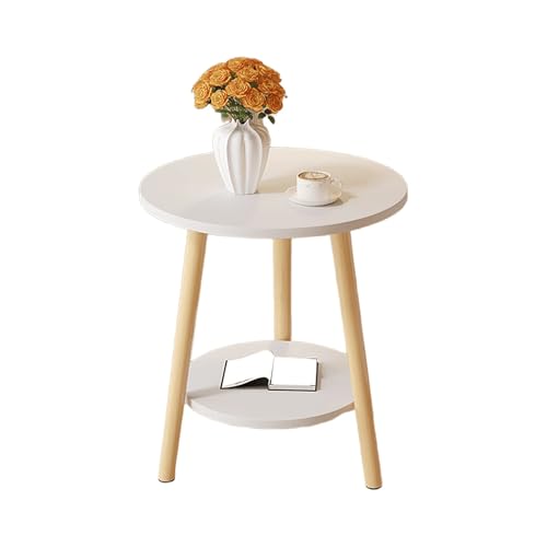 GUIXAN Kleiner Beistelltisch für das Wohnzimmer, weißer runder Couchtisch mit doppelschichtiger Holztischplatte und DREI Holzbeinen, für das Nachttisch im Schlafzimmer und die Sofaseite i
