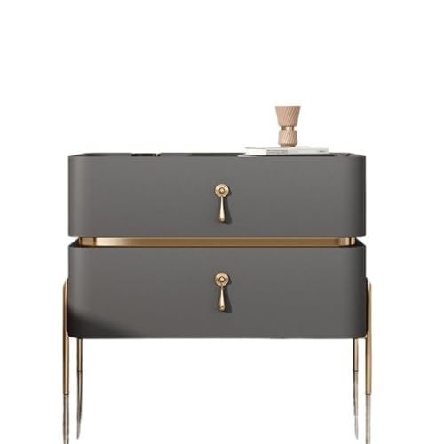 IROEJT Nachttisch, Schlafzimmermöbel, Aufbewahrungsschrank mit Schublade, minimalistisch, modern, Leder, mit 2 Schubladen, cremefarbenem Metallgriff, grau, 45 cm
