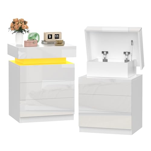 Ysgwsg Nachtschrank 2er Set, Nachttisch mit LED, 3 Hochglanz-Schublade, Nachtschrank Weiss, Nachttisch Modern für Schlafzimmer, Wohnzimmer und Sofa-Beistelltische. (Weiß-2er Set, 45x35x61cm)