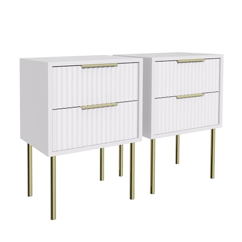 Garvishk Garvis Nachttisch 2er Set, schmal, Beistelltisch mit 2 Schubladen Nachtschrank Schlichter Beistelltisch für Schlafzimmer, Wohnzimmer (Weiß)