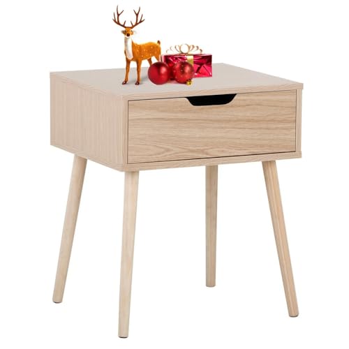 Yaheetech Nachttisch Ratten Beistelltisch Nachtkommode mit 1 Schublade Holzbeine Sofatisch Nachtschrank Schlichte Nachtkommode fürs Wohnzimmer/Schlafzimmer (Skandinavisch, Eiche)