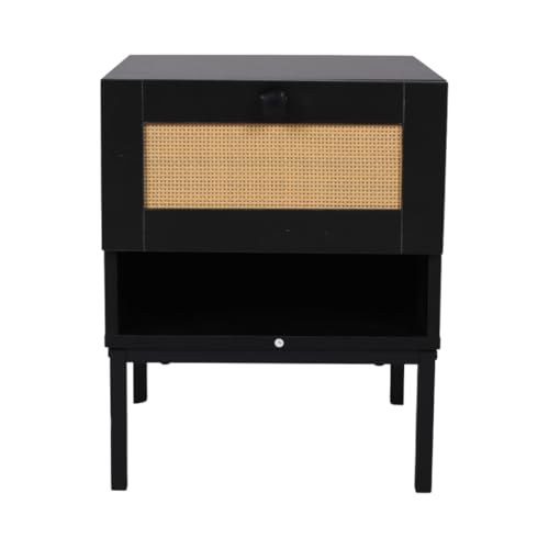 SensaHome - Nachttisch Japandi 4 Beine - Antik mit Rattanplatte - 40x40x50cm - 8,7 kg - Schwarz