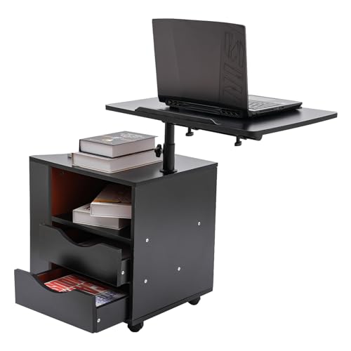 HOMEONENIC Funktioneller Drehbarer Nachttisch Multifunktionales Bücherregal Verstellbarem Mobil Schlafzimmer Nachtkommode KäStche Offenem MöBel Holz Laptoptisch Mit Rollen Schubladen (Schwarz)