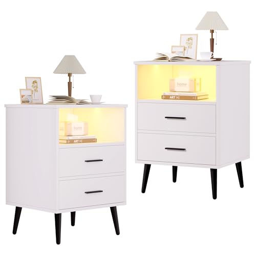 LVSOMT LED Nachttisch 2er Set Weiß, Nachttisch mit Ladefunktion und Licht, Modern Nachttische boxspringbett Schlafzimmer, Hoch Nachtschrank mit 2 Schubladen, USB Type-C Anschluss, 3 Farben Licht, Weiß