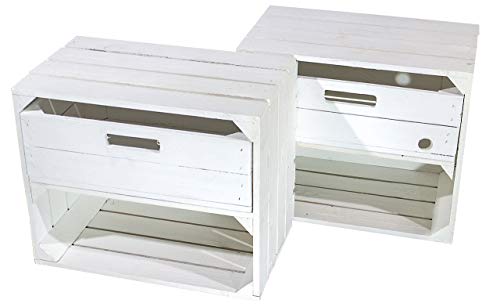 2 weiße Holzkisten mit Schublade 50cm x 40cm x 31cm Obstkisten Schrank Holzbox Shabby chic Weiss Nachttisch Nachtschrank DIY modern Möbel Garten Weinkisten