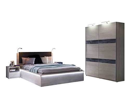 Schlafzimmer set Reton VI, Doppellbett, 2 Nachttische, Schwebetürenschrank Selbstschließsystems, Nachtkommode, Kleiderschrank (Weiße Eiche / Weiße Eiche + Graphit Hochglanz,)