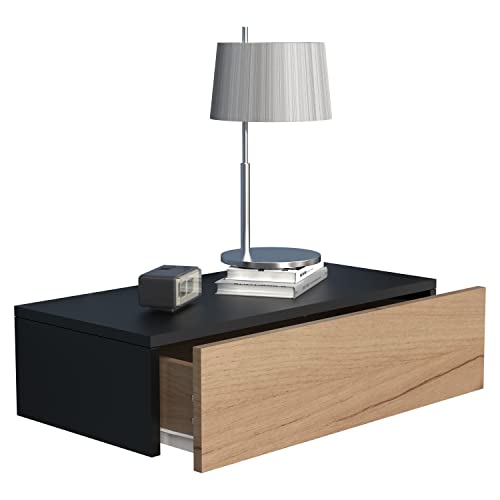 VCM Nachtschrank | Wandschublade | Wandboard | Nachttisch | Maße ca H. 15 x B. 60 x T. 30 cm - Usal M 60 cm Schwarz/Honig-Eiche