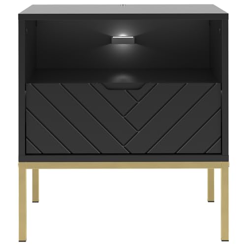Lomadox Nachttisch Nachtschrank Nachtschränkchen mit LED Beleuchtung ca. 53 cm breit modern in schwarz matt mit Fischgrät Dekor