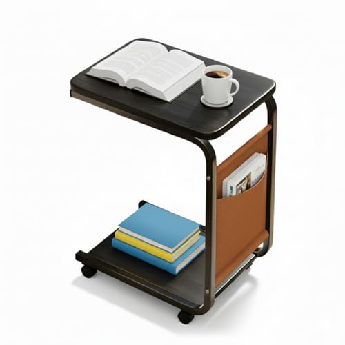 Nachttisch in C-Form mit Rollen, kleiner Beistelltisch für Wohnzimmer & Schlafzimmer, stabiles Stahlgestell, zwei offene Ablagen, erhältlich in Schwarz Walnuss, Weiß, Naturholz