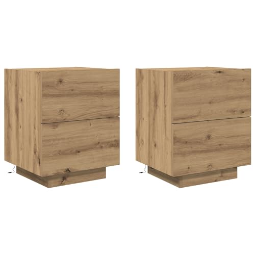 vidaXL Artisan Eichen Nachttisch Set mit 2 Holz-Nachtischen mit Schubladen für Schlafzimmer Stauraum Glatte Oberfläche MDF und Massivholz Moderne Nachtische Erwachsene Raum Deko Kleine Möbel