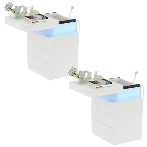 PIPIPOXER 2er Set Nachttisch mit Steckdose & USB, LED Nachttisch Weiß Hochglanz mit 3 Schubladen, Nachtschrank Tisch, Led 16 Farben Beleuchtung Beistelltisch für Wohnzimmer, Schlafzimmer