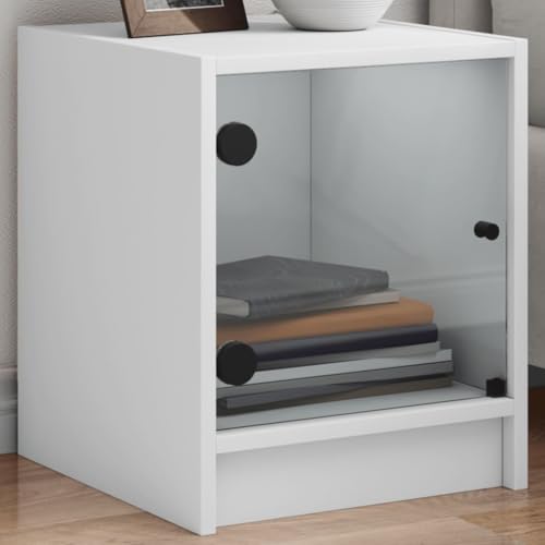 Snsowed Nachttisch mit Glastür Weiß 35x37x42 cm, Nachtschrank, Nachtkästchen, Bedside Table, Nachtkommode, Nightstand, Nachttischschrank, Nachtkonsole - 836343