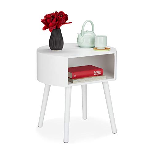 Relaxdays Beistelltisch, runder Nachttisch mit Ablagefach, Holzbeine, Schlichtes Design, HxBxT 47,5 x 46 x 40 cm, weiß, 1 Stück