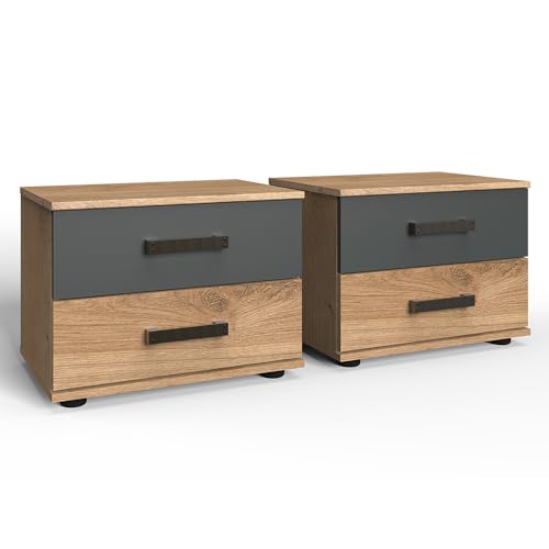 Lomadox Nachtschränke 2er Set Nachtkommoden Nachttisch 2 Nachtischschrank Schubladen Industrial Stil Eiche mit Graphit 52x40x38 cm
