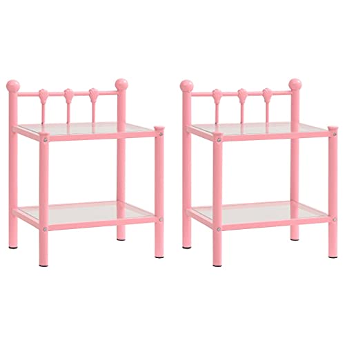 WKIEQACO Tische, Nachttische, Nachttische, 2 Stück, rosa und transparent, Metall und Glas