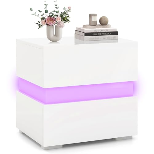 AUNEK LED Nachttisch Modern Nachttisch Nachttisch Nachttisch mit 2 Schubladen, 16 Einstellbare RGB-Lichter und Fernbedienung, 4-seitiger Hochglanz-Weißer Beistelltisch für Schlafzimmer, Wohnzimmer