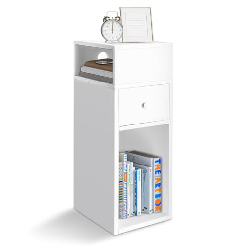 VOUNOT® Nachttisch, Schmal, Beistelltisch mit 2 offenem Fach & 1 Schublade, Modern Nachtschrank, Nachtkästchen für Schlafzimmer, Wohnzimmer, 25x30x66cm Weiß