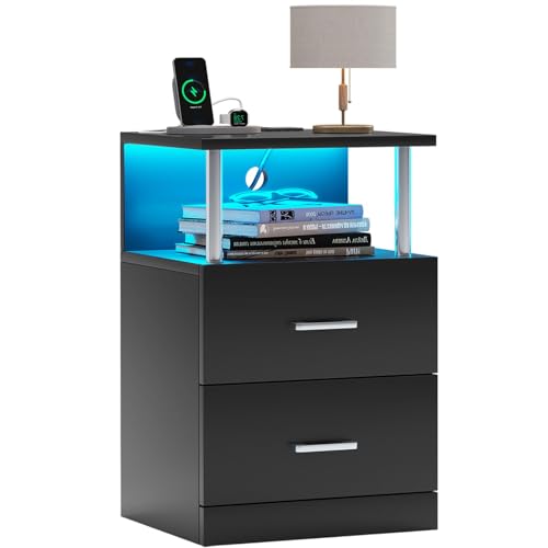 AOGLLATI Nachttisch mit Ladestation und LED-Leuchten, Nachttisch mit offener Speicher, 2-Schubladen, 2 AC-Steckdosen, 2 USB-Anschlüsse, moderner Beistelltisch für Schlafzimmer (1, Schwarz)
