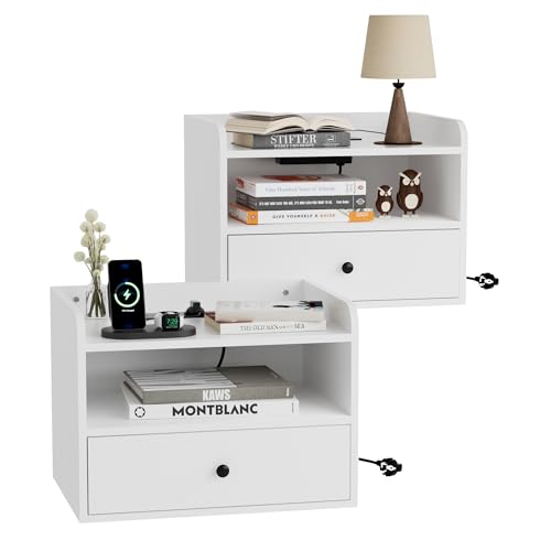 BonVache Nachttisch Hängend 2er Set, Nachttische Wandmontage mit Offener Raum und Schubladen, Steckdosen und Schnittstellen, Modern, für Wohnzimmer, Schlafzimmer, Weiß