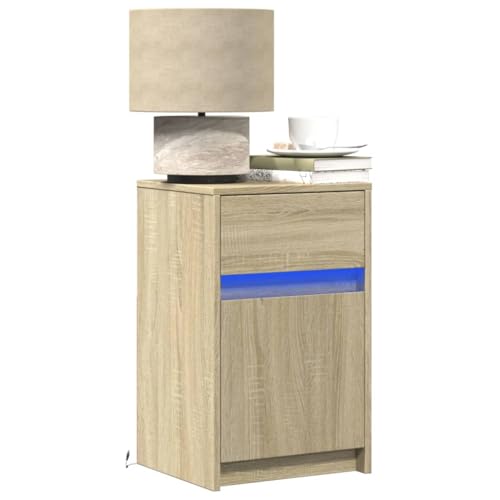 HaoChrymec Nachttisch mit LED-Leuchten, Sonoma Eiche Holzwerkstoff, RGB-LED-Beleuchtung, 2 Türen, Kommode mit Schubladen, Kleiner Beistelltisch für Schlafzimmer und Wohnzimmer, Schwarz, 38x34x61 cm