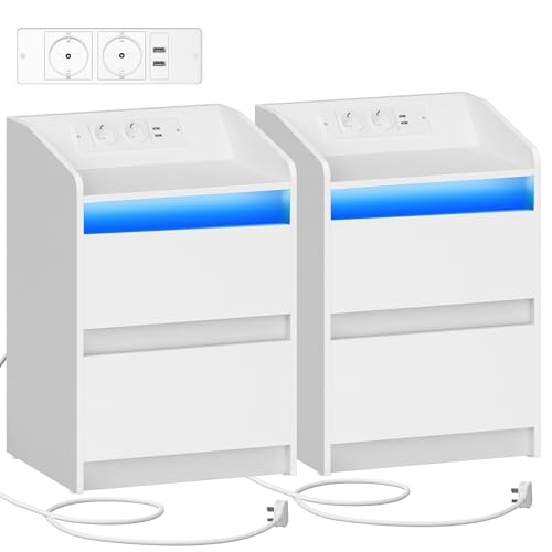 Hzuaneri Nachttische 2er Set mit LED-Lichtern, Ladestation und 2 Schubladen, Beistelltisch mit USB-Anschlüssen & Steckdosen, Stilvoll und vielseitig, für Wohnzimmer und Schlafzimmer, Weiß NS30103X