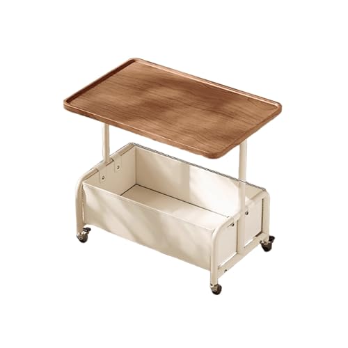 Beistelltisch, rollbar, klein, Karbonstahl, Couchtisch mit Massivholz-Tablett und abnehmbarem Leder-Aufbewahrungskorb, perfekt für Wohnzimmer und Schlafzimmer