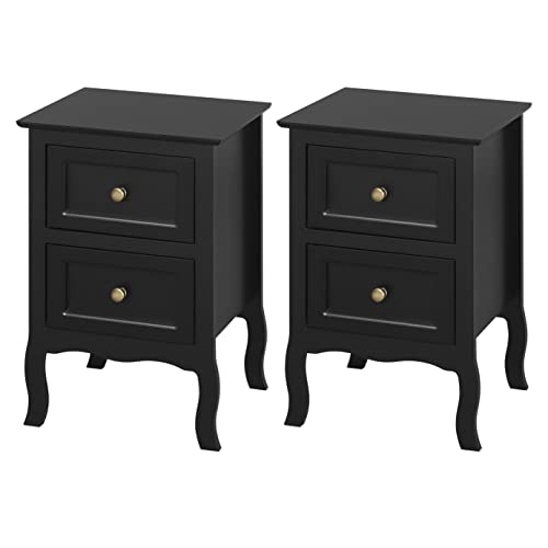 WOLTU 2er Set Nachttisch Sofatisch Nachtkommode Nachtschrank mit 2 Schubladen für Schlafzimmer Wohnzimmer, Stil barock, 40 x 60 x 30 cm MDF, Schwarz TS119sz-2