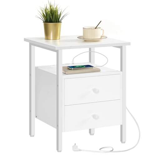 HOOBRO Nachttisch mit Ladestation, Beistelltisch, Sofatisch mit 2 Schubladen, Couchtisch mit USB-Anschlüssen für Wohnzimmer, Schlafzimmer, Modern, 39 x 39 x 59 cm, Weiß EWT43CBZ01G2