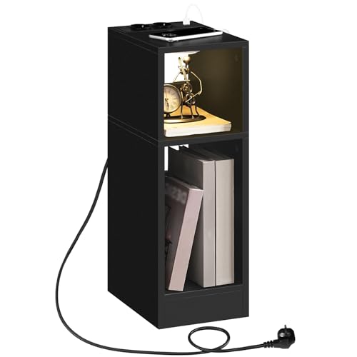 MAHANCRIS Beistelltisch mit Ladestation, Nachttisch mit Sensor-LED-Licht, Couchtisch, für Kleine Räume, Wohnzimmer, Schlafzimmer, Schwarz AETBK25UE01