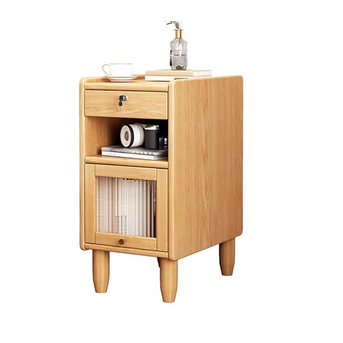 Nachttisch aus Massivholz, moderner Nachttisch mit schmalen Seiten, abschließbare Schubladen, multifunktionales Retro-Design für Schlafzimmer