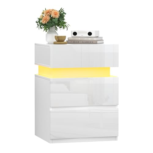 Ysgwsg Nachttisch mit LED, Nachtschrank mit 3 Hochglanz-Schublade, Nachttisch Weiß, Nachttische Modern für Schlafzimmer, Wohnzimmer und Sofa-Beistelltische. (Weiß, 35x40x55cm)