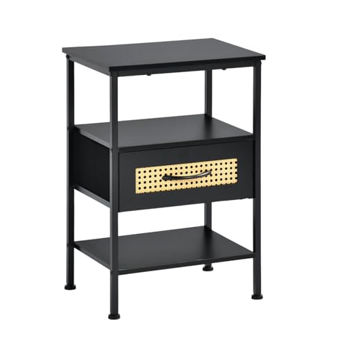FetiNes Nachttisch mit Stoffschublade, Schlafzimmer Nachttisch, Kommode mit Stoffschublade, offenes Regal, Metallrahmen, Couch-Beistelltisch – Schwarz