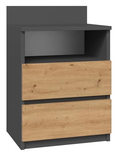 CDF Nachttisch M1 Malwa, Nachtschrank | Farbe: Anthrazit - Eiche Artisan | Ideal für Schlafzimmer, Kinderzimmer, Teenager | Einfache Montage | Zwei geräumige Schubladen | Grifflose Schubladen