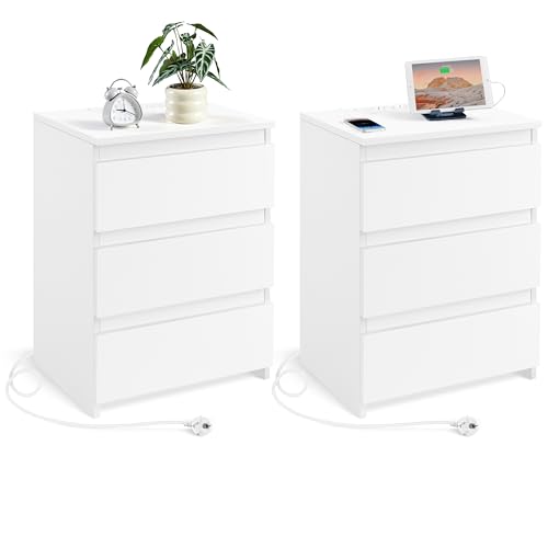 Yaheetech Nachttisch 2er Set Beistelltisch mt 2 AC-Steckdosen, 2 USB-Anschlüsse und 3 Schubladen Boxspringbett Nachtschrank Nachtkommode für Schlafzimmer Wohnzimmer, Weiß