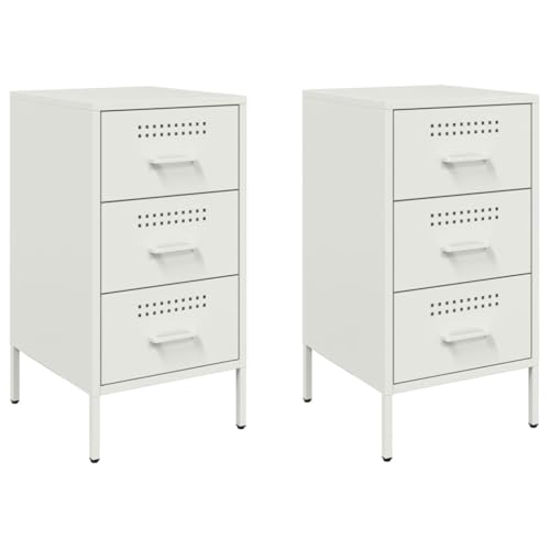 vidaXL Nachttisch 2 STK., Nachtschrank mit 3 Schubladen, Nachtkommode Verstellbare Schraubfüße, Schlafzimmer Nachtkonsole, Industrie-Stil, Weiß Kaltgewalzter Stahl
