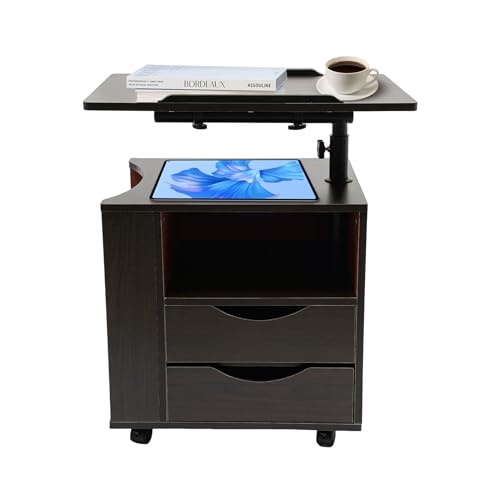 RUETERY Höhenverstellbarer Nachttisch mit Hebeplatte und Rollen, 180° Neigung, 70-90cm verstellbar, 2 Schubladen, Modern Wohnzimmer/Schlafzimmer Möbel