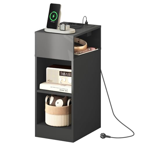 YOSHOOT Schmaler Nachttisch, Nachttisch aus Holz mit Ladestation, Dünner Tisch mit 3 offenen Regalen, platzsparende Beistelltische für Schlafzimmer, Wohnzimmer,25 * 35 * 61cm(Schwarz)