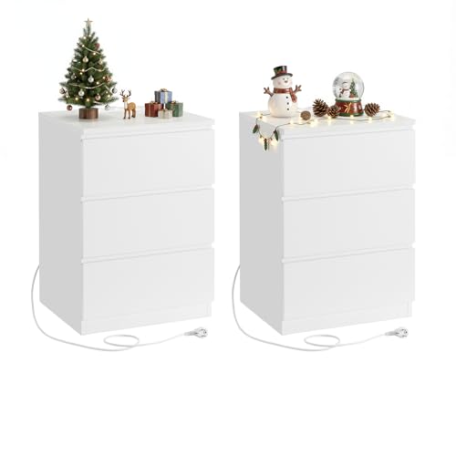 VASAGLE Kailyn Kollektion   Nachttisch Steckdosenleiste, 2er Set, Beistelltisch, 3, 2 AC Steckdosen, 2 USB A Anschlüsse, modern, wolkenweiß LET831W14