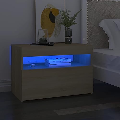 LLEZKBR Tische, Beistelltische, Unterschrank & LED-Lichter, Sonoma-Eiche, 60 x 35 x 40 cm, Holzwerkstoff