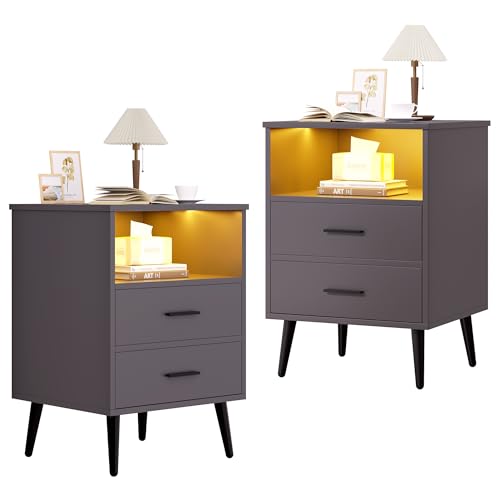 LVSOMT LED Nachttisch 2er Set Grau, Nachttisch mit Ladefunktion und Licht, Modern Nachttische boxspringbett Schlafzimmer, Hoch Nachtschrank mit 2 Schubladen, USB Type-C Anschluss, 3 Farben Licht, Grau