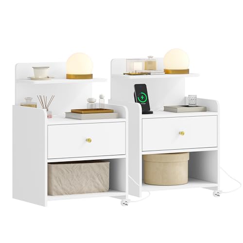 HEXCELEN Nachttisch 2er Set, Beistelltisch mit 1 Schublade und 2 offenen Fächern, Nachtschrank, Sofatisch, Platzsparend, für Schlafzimmer, Wohnzimmer, Modern, Weiß