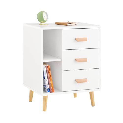 SoBuy Nachttisch, Nachtschrank mit 3 Schubladen und 2 Ablagen, Moderner Beistelltisch, Aufbewahrungsschrank für das Schlafzimmer, Beside Table B48 x T40 x H60 cm Weiß FBT95-W