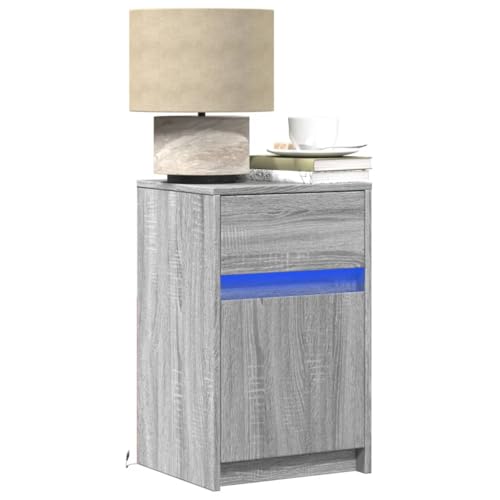 IBUQDDV Ablagetisch Telefontisch Nightstand Sofatisch Nachttisch mit LED-Leuchten Grau Sonoma Holzwerkstoff für Schlafzimmer Wohnzimmer
