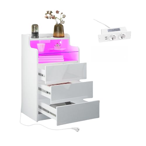 Generisch Nachttisch mit Steckdose & LED-Beleuchtung - Hochglanz Nachttisch mit 3 Schubladen - Integrierte RGB-Lichtsteuerung für Moderne Wohnraumgestaltung 45x35x76 cm (Weiß)