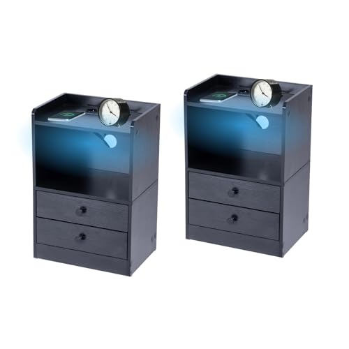FurnitureR LED Nachttisch, 16-farbige intelligente LED-Beleuchtung, 2-Ladestecker und 2-USB-Steckdosen, 2-Schubladen, für Schlafzimmer, Wohnzimmer, Arbeitszimmer, 38 x 26.5 x 56 cm, 2PCS