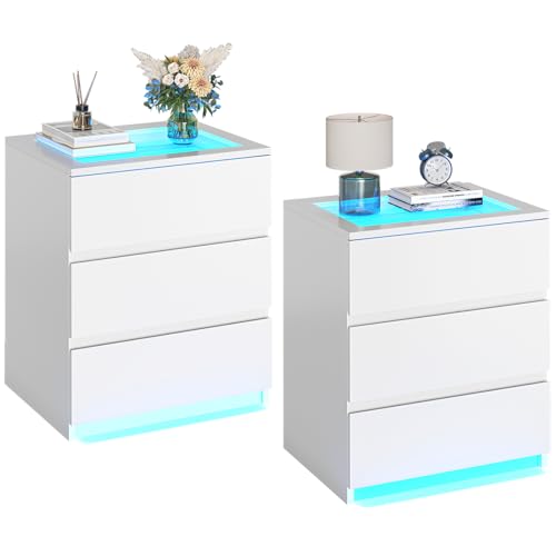 AOGLLATI 2er Set Nachttisch mit LED-Beleuchtung, Beistelltisch, 3 Schubladen, Holz Nachtschrank für Schlafzimmer, Wohnzimmer, Arbeitszimmer, Weiß