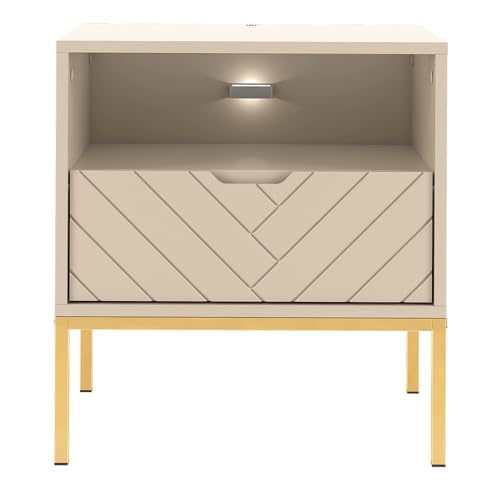 Lomadox Nachttisch Nachtschrank Nachtschränkchen mit LED Beleuchtung ca. 53 cm breit modern in Kaschmir mit Fischgrät Dekor