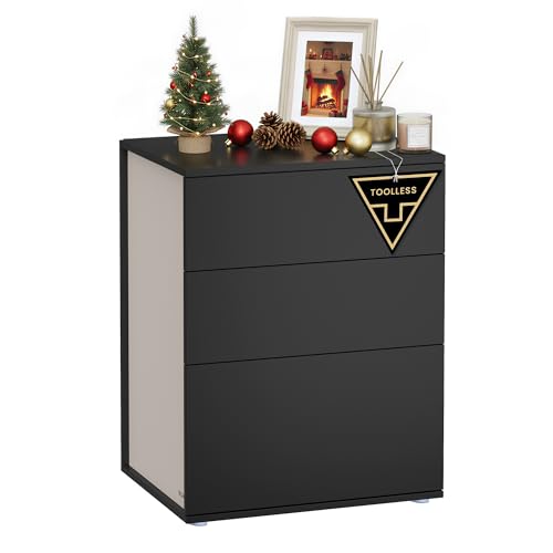 VASAGLE, Toolless Technologie, superschnelle werkzeuglose Montage, Beistelltisch 3 Schubladen, Nachtschrank, Schlafzimmer, Wohnzimmer, tintenschwarz cappuccinob eige LET778B01